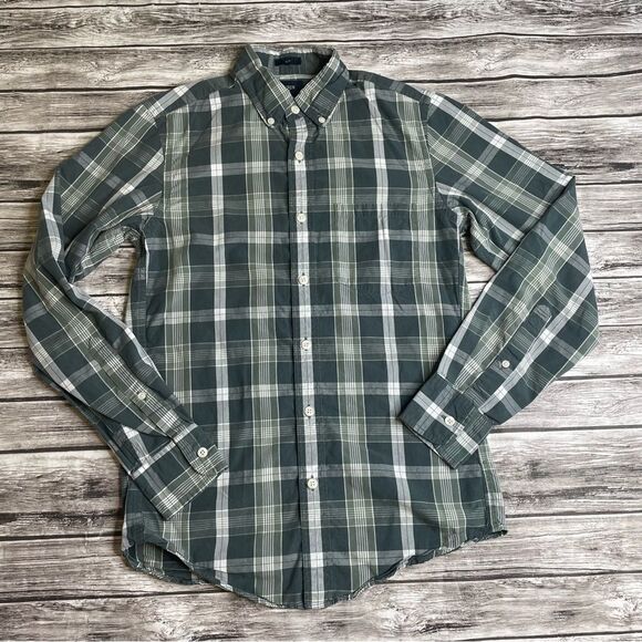 J. Crew Factory Men's Slim Fit Button Down Shirt Green Ivory XS Extra Small Long - Picture 1 of 11